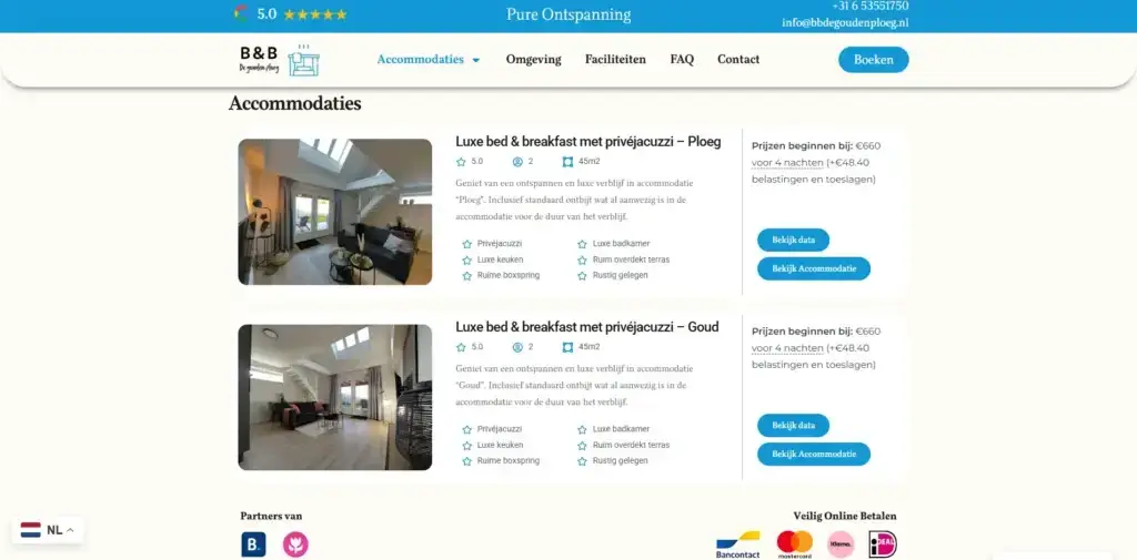 Overzicht van accommodaties op de website van B&B De Gouden Ploeg