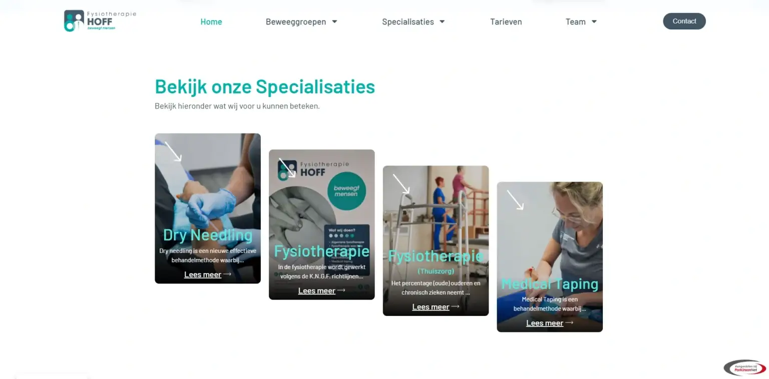 Pagina over specialisaties op de website van Fysiotherapie Hoff