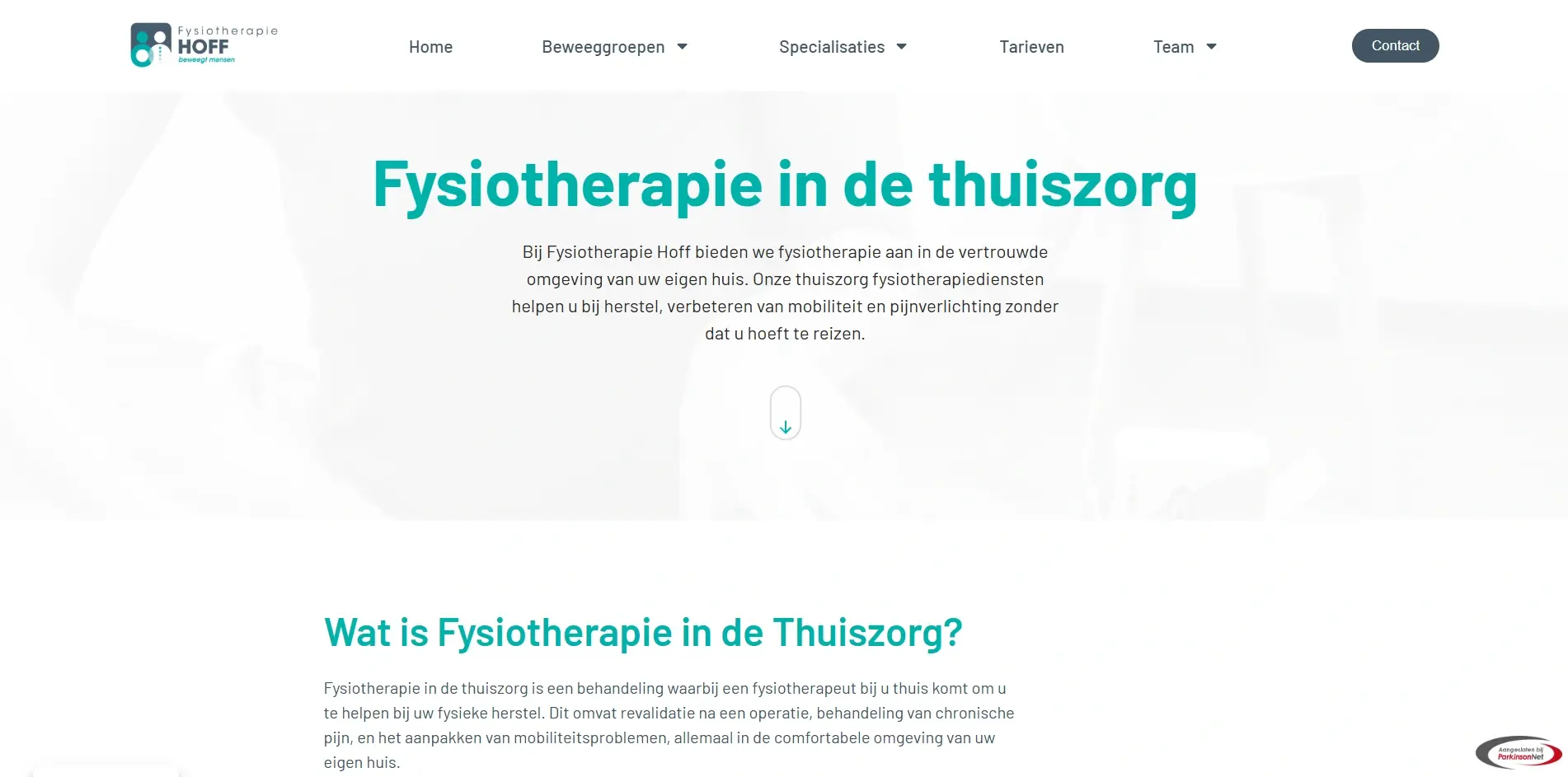 Pagina over fysiotherapie in de thuiszorg op de website van Fysiotherapie Hoff