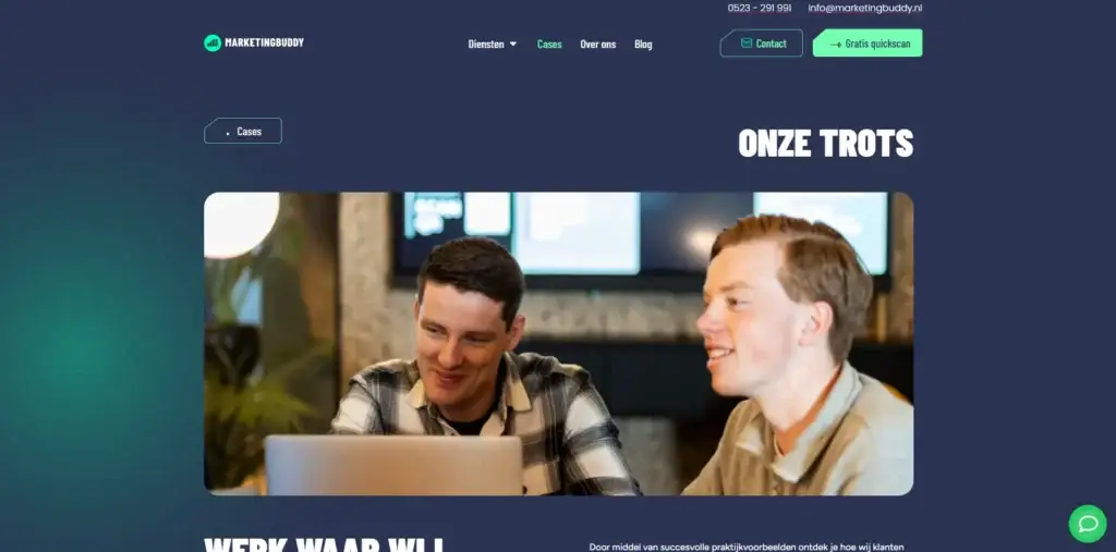 Pagina van de website van Marketing Buddy