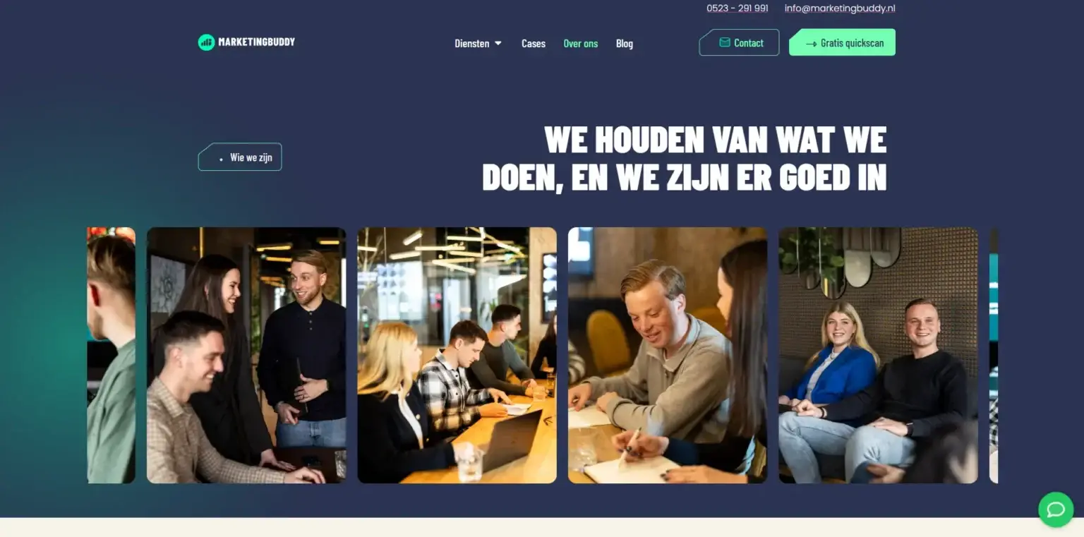 Pagina van de website van Marketing Buddy