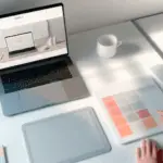 A minimalist workspace featuring a steel-blue and coral laptop displaying a blurred wireframe site layout, symbolizing CLS and visual calm.