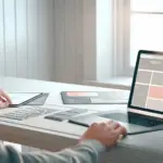 A modern designer’s workspace with a sleek laptop showing a wireframe layout, tablet, and color swatches highlights new web design trends and tools.