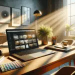A sunlit home office workspace features an open laptop showcasing a visually impressive digital portfolio, highlighting the importance of a memorable portfolio for online succes, with creative items like a sketchbook, color swatches, and a potted plant on a wooden desk.