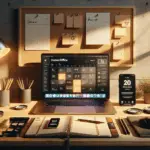 houten bureau in warm namiddaglicht toont een content-ecosysteem voor 2025: laptop, telefoon, tablet, planner en prikbord