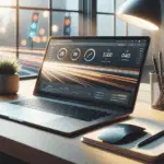 laptop met prestatie dashboard en groene snelheidsmeter naast smartphone op bureau lichtstrepen buiten tonen website snelheid