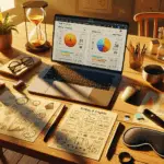 laptop met twee websitevarianten en heatmaps op een bureau, met zandloper, loep en slaapmasker; einde aan blind a/b-testen