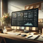 A sunlit home office desk displays a website dashboard with change management graphs, planning notes, and a coffee cup, reflecting smart website updates.