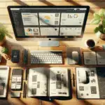Overhead view of an organized desk with a monitor showing website analytics, workflow diagrams, coffee, and plants, illustrating slimme content-workflows met AI.