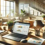 A sunlit home office workspace shows a laptop with AI-powered website analytics, marketing materials, and a digital calendar, illustrating smarter marketing with AI.