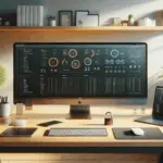 strak bureau met twee monitoren met cms dashboards en iconen voor veiligheid en groei, cms kiezen 2025, hangslot en schijf