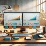 twee schermen tonen a/b-test van blauwe en oranje landingspagina's; tablet op bureau toont stijgende websiteconversie