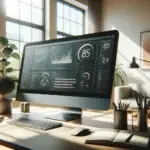 A modern, sunlit workspace with a desktop computer displaying an advanced CMS dashboard, symbolizing online groei en opschalen.