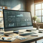 A bright modern office workspace with a computer displaying B2B-marketing AI-agent analytics, surrounded by smart digital devices.