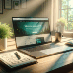 A sleek laptop on a wooden desk displays a vibrant website homepage, with wireframe sketches, a smartphone, and natural sunlight highlighting a fast, user-friendly site design.