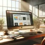 A bright, modern home office features a computer showing a colorful website analytics dashboard, emphasizing practical website optimalisatie.