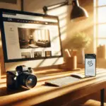 A modern desktop computer and smartphone display a fast, minimalistic website with seamless transitions, highlighting a snellere website zonder loader for optimale gebruikerservaring in a sunlit home office.