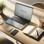A minimalist workspace with a laptop showing marketing analytics, smartphone, business cards, and a small plant on a tidy wooden desk, reflecting digital minimalism and integrated marketing for online growth.