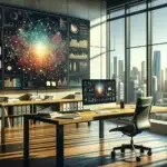 A modern office desk with a computer monitor showing colorful, connected data charts, representing online experimenteren for better resultaat and omzet.