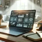 A modern workspace with a laptop displaying website analytics and lock icons for data protection, emphasizing secure website-data use and personalization, with coffee and a notebook nearby in warm morning light.
