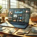 A bright home office workspace shows a laptop with a personalized AI email marketing dashboard, surrounded by email icons and letters.