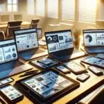 A messy arrangement of laptops, smartphones, tablets, and brochures showing disconnected marketing dashboards on a sunlit office desk.