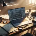 A modern home office desk at sunrise features a laptop displaying AI-generated content versus handwritten notes, highlighting website reputation protection.