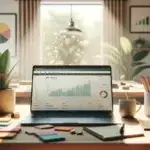 A bright modern home office desk with a laptop showing website analytics, surrounded by notes and coffee, illustrating online groei experimentatie.