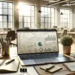 A bright modern office workspace shows an open laptop with marketing analytics, notebooks, and coffee, highlighting AI marketing productivity.