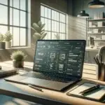 A modern B2B ecommerce office workspace with a laptop displaying a futureproof webshop dashboard, checklist, and AI icons.