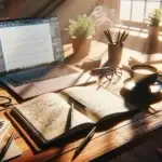 A cozy home office desk with handwritten notes and a blank laptop document suggests creating natural, convincing AI-teksten.