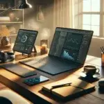 A modern home office desk setup with laptop showing website analytics, tablet, and smartphone showcasing online collaboration tools.