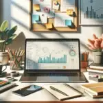 A modern office desk with a laptop showing AI marketing analytics, surrounded by notebooks, coffee, and digital tools in natural sunlight.