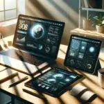 A modern workspace with a laptop and tablet showing a flexible CMS dashboard, surrounded by office items on a sunlit wooden desk.