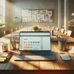 A creative workspace with a laptop showing a colorful website, feedback sticky notes, design tools, and teamwork materials on the desk.