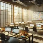 A modern open office workspace with laptops, digital project boards, and color-coded notes highlights efficient website team collaboration.