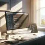 A sunlit modern workspace with a desktop showing an intuitive website and tablet displaying code, illustrating AI in web development.