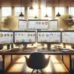 Five computer monitors on a large wooden desk display colorful web experiment dashboards in a bright, modern B2B office workspace.