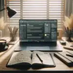 A sunlit home office workspace features a laptop editing web content with AI suggestions, surrounded by coffee and editing notes.