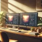 A modern home office desk features two monitors with vibrant CMS dashboards, tidy stationery, and potted plants in warm morning light.