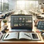 Modern workspace with high-end tech gadgets, digital analytics screens, and organized notes illustrating a flexible slimme martech-stack for digital growth.