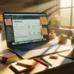 A cozy home office desk with a laptop showing website feedback comments, surrounded by sticky notes and coffee in warm morning sunlight.