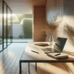 A minimalist digital workspace with a sleek laptop, closed notebook, and single plant on a tidy desk by a sunlit window, evoking digital minimalisme.