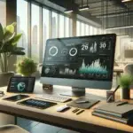 A modern office desk features a sleek computer displaying website analytics and growth charts, with digital tools and a green plant representing digital optimalization and online success in 2024.