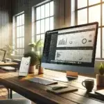 A bright, modern workspace shows a computer and smartphone displaying website and marketing analytics on a wooden desk with plants and coffee, reflecting the benefits of one smart platform.