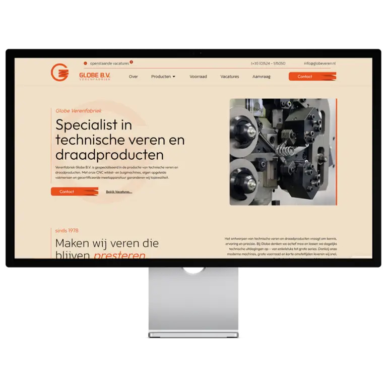 Website van Verenfabriek Globe op een beeldscherm