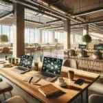 A modern open office with wooden desks, digital devices, and glowing lines illustrates strong internal communication driving online growth and teamwork.