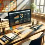 Overhead view of a tidy modern office desk with a computer displaying a website dashboard, color-coded folders, and morning sunlight, symbolizing organized content for online growth.