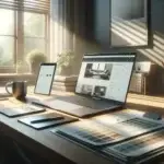 A sunlit, modern home office desk displays a laptop with an organized AI-powered product content page, tidy sheets, and color swatches.