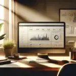 A modern workspace with a computer monitor shows AI analytics and website data charts on a wooden desk with coffee, plant, and soft morning light.